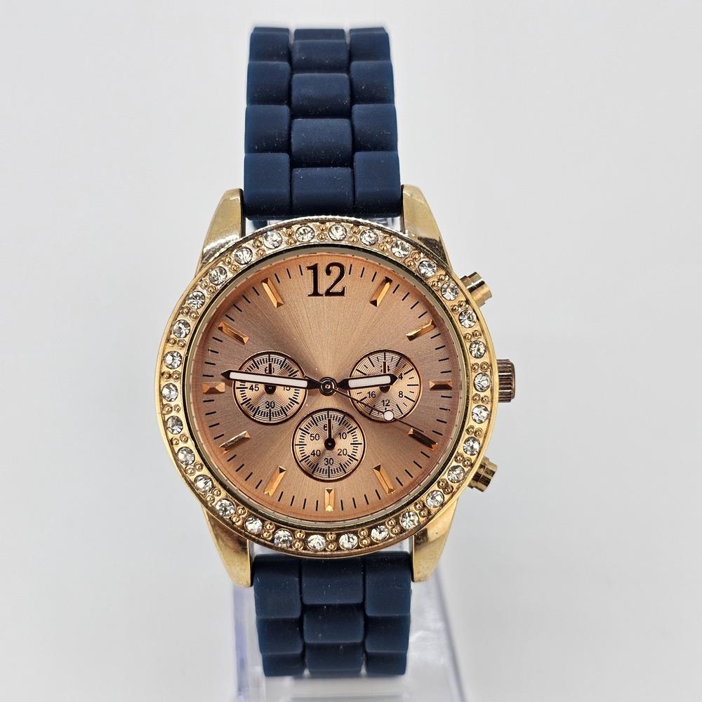 Women's Analog Watch 38MM Gold Dial Crystal Bezel Blue Plastic Bands NEW Battery